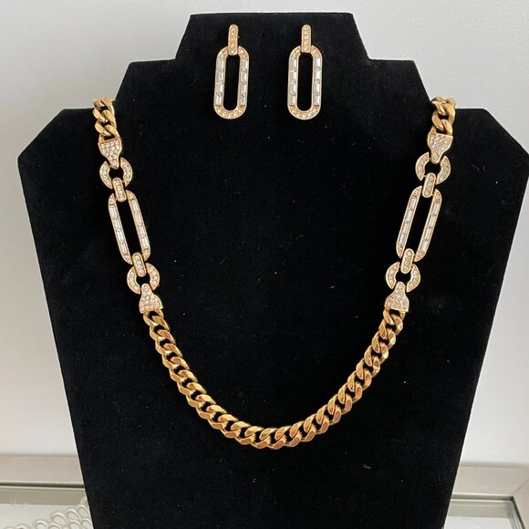 Chunky Gold and Rhinestone Necklace and Pierced Earring Set - Picture 4 of 7